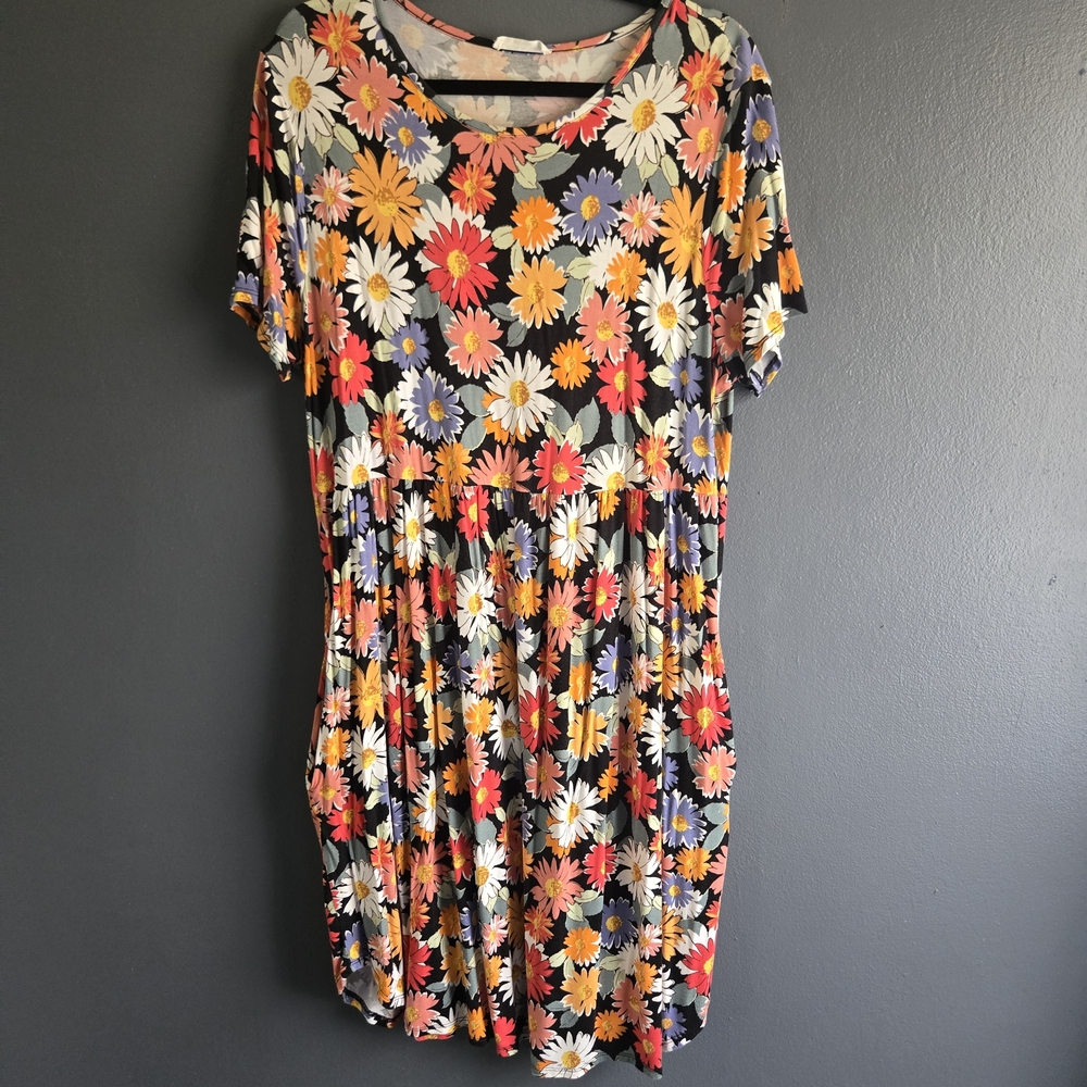 Cream n Sugar Retro Inspired Daisy Print Babydoll Midi Pocket Dress 1X - Picture 4 of 5